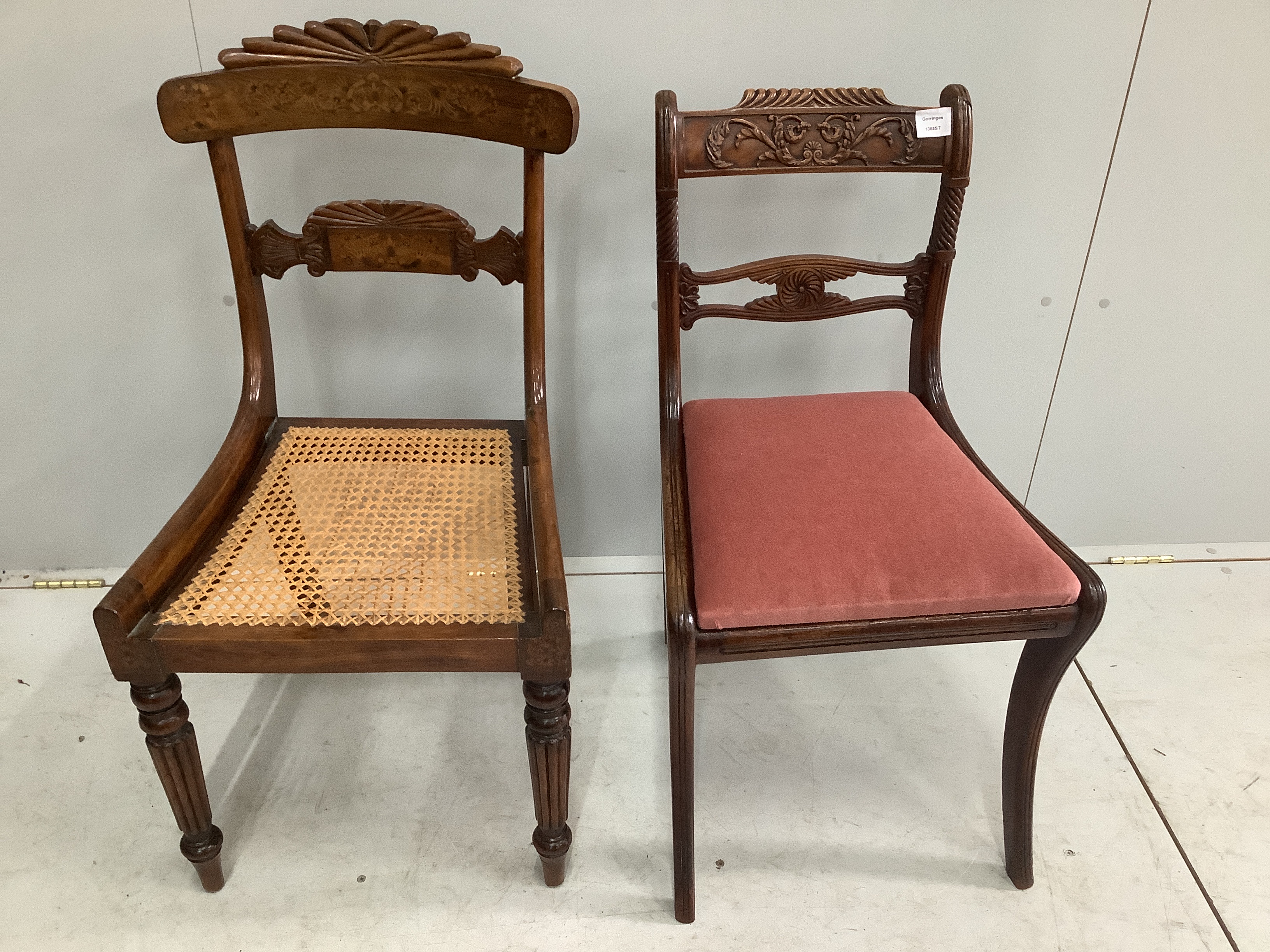 A Regency mahogany and marquetry dining chair and a Regency carved mahogany dining chair